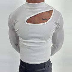 Threebooy  Autumn Clothing Men's Bodysuits Hollow Out Turtleneck Long Sleeve T Shirt Streetwear Sexy Solid Color Ripped Fashion Basic Shirt