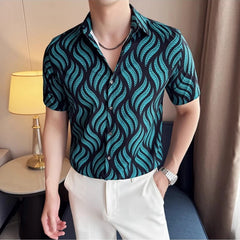 Threebooy  Summer Printed Short Sleeved Shirt for Men Fashion Ice Silk Breathable Casual Non Ironing Shirt Business Social Top Men Clothing