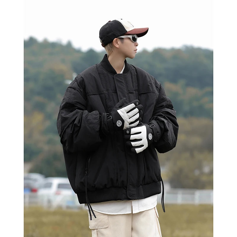 Threebooy Japanese Baseball Collar Padded Jacket Men Women Winter Cityboy Basic Warm Cotton Jacket Thickened Casual Bread Coat Preppy Wear