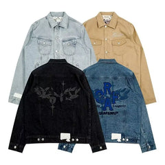 Threebooy  Heavy Washing Old Denim Jacket Retro Maple Leaf Letter Print Coat Autumn Winter Denim Jacket Men's Couple's Button Lapel Jacket