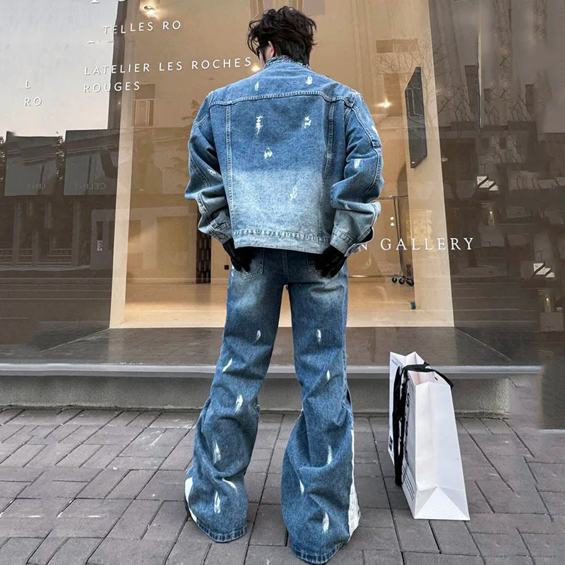 Threebooy Men's New 2-Piece Bleached Faded Denim Set