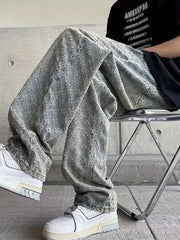 Threebooy  White Jacquard Full-Print Flared Jeans for Men, European and American High Street Vibe, Straight Loose Narrow-Fit Casual Wide-Leg Pants