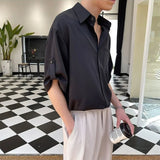 Threebooy Simple Korean Short Sleeved Men Summer Solid White Shirt Lapel Button Pocket Harajuku Fashion Trendy Loose Casual Thin Male Top