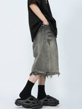 Threebooy Women's Burr Edge Design Wide Leg Black Grey Denim Shorts Unisex Style Capris Summer Female High Waist Loose Knee Length Jeans