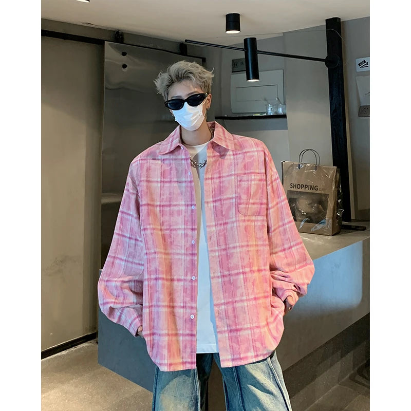 Threebooy Autumn Fashion Men Women Plaid Shirts Oversize Button Up Long Sleeve Tops Korean Loose Casual Outwear Couples Shirt Pink/Blue