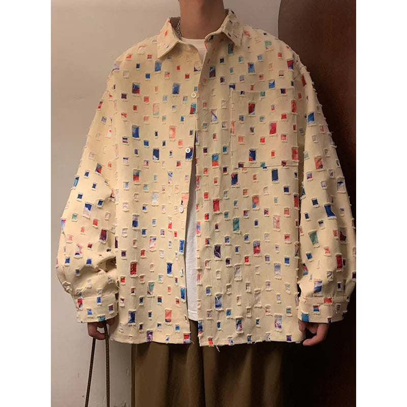 Threebooy  Cotton Hollow Out Shirt Men Oversized Fashion Casual Color Plaid Shirt Men Streetwear Loose Long Sleeved Shirt Mens Hole Shirts
