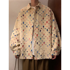 Threebooy  Cotton Hollow Out Shirt Men Oversized Fashion Casual Color Plaid Shirt Men Streetwear Loose Long Sleeved Shirt Mens Hole Shirts