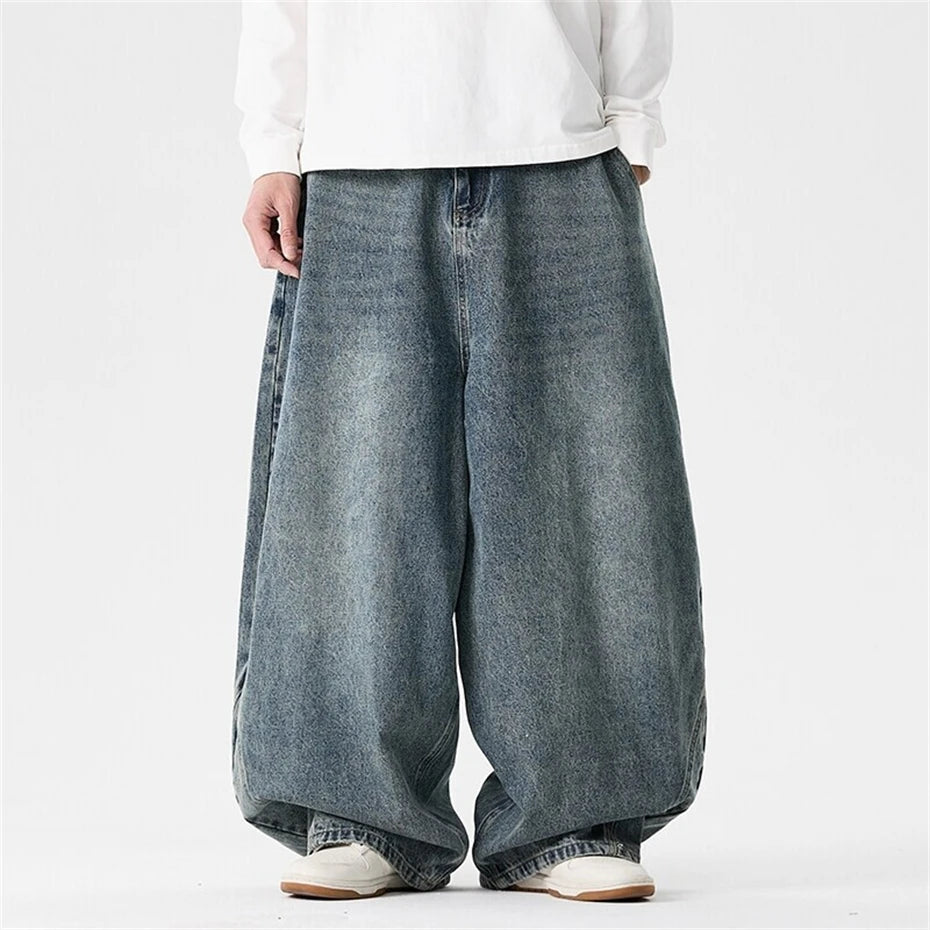 Threebooy  Large Size Summer Jeans Men Streetwear Harajuku Washed Casual Denim Pants Oversized Vintage Japan Style Baggy Wide-leg Trousers