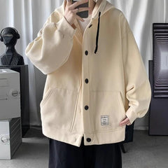 Threebooy  Men's Fall Open-Front Hooded Sweatshirt Streetwear Loose Plain Top HK Vibe Harajuku Chic All-Match Outerwear