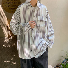Threebooy Autumn New Striped Shirt Handsome Long Sleeve Pocket Design Men's Clothing Button Loose Streetwear Casual Korean Autumn