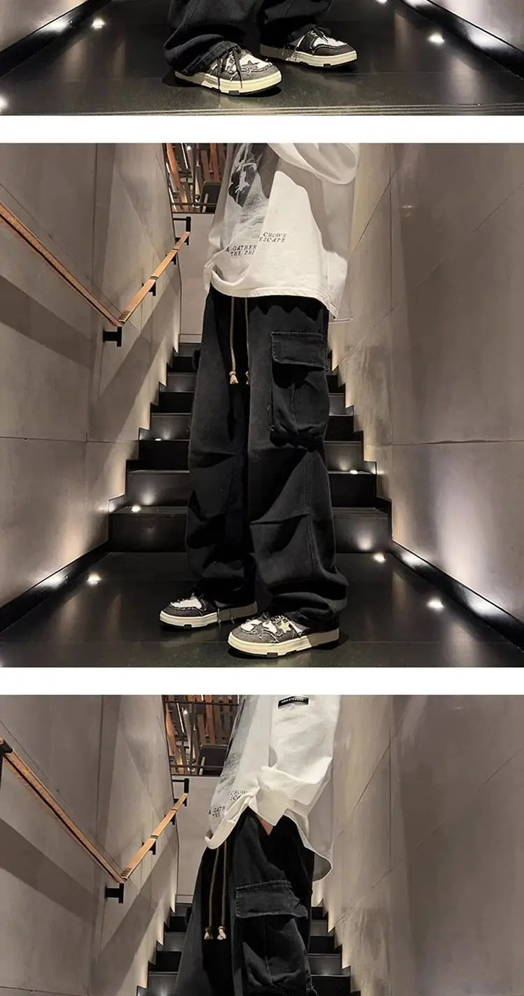 Threebooy High street hip-hop men and women trendy personality large pocket straight leg washed denim jeans couple retro casual pants y2k