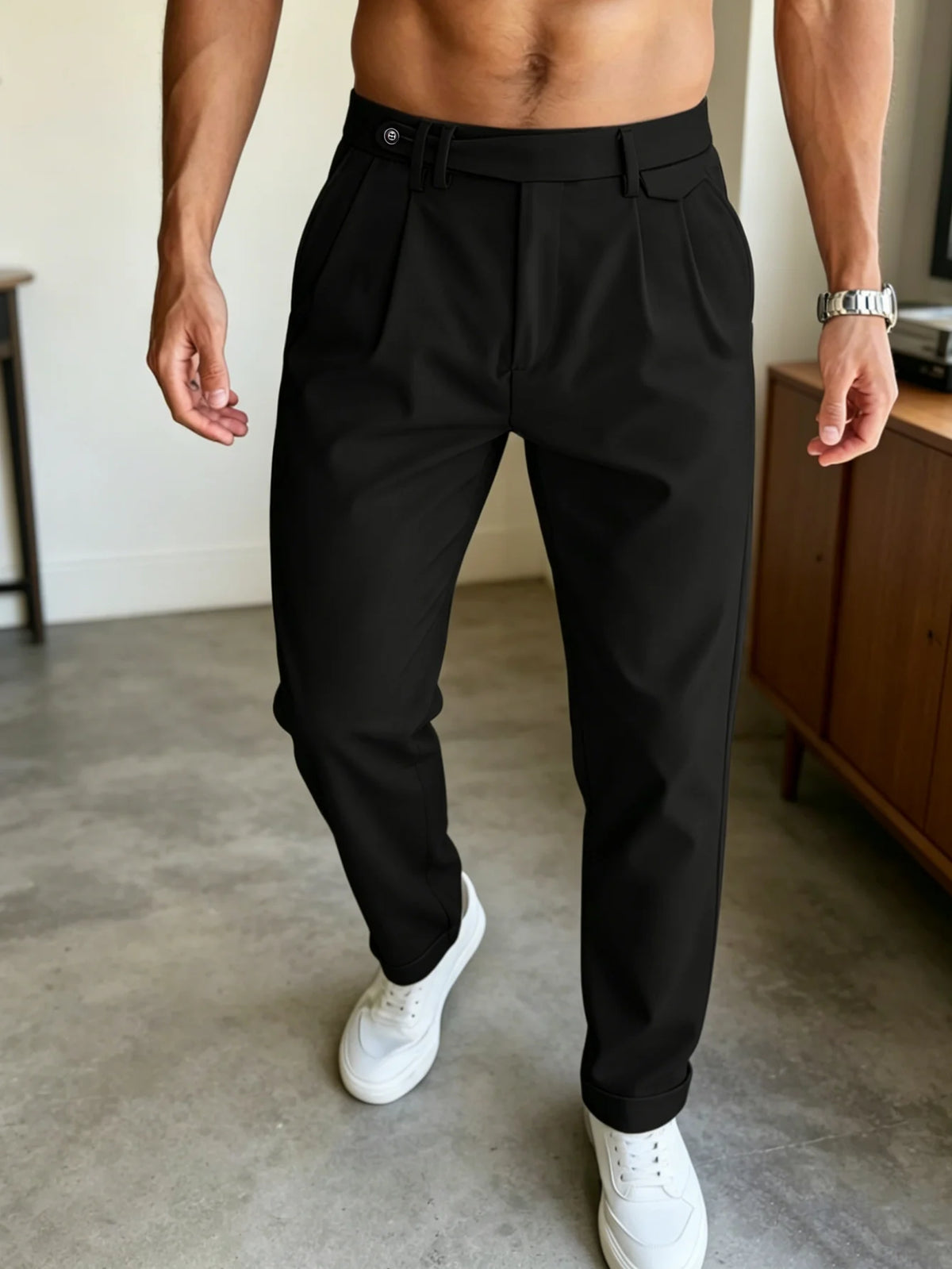 Threebooy  Men's Gurkha High Waist Pleated Cuffed Tapered Cropped Dress Pants 100% Polyester Business Casual Black Trousers