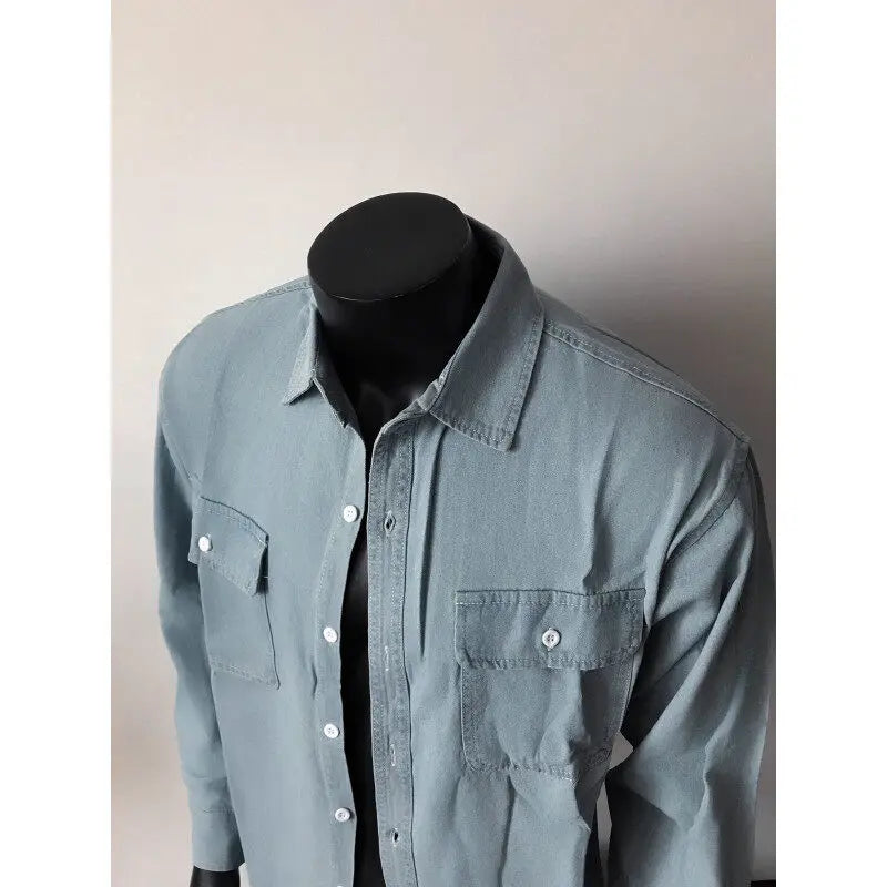 Threebooy Men Long Sleeve Denim Shirt Spring Casual Workwear Stylish Stretch Cotton Comfort Fit Chest Pocket Outdoor Daily Wear Trendy Men