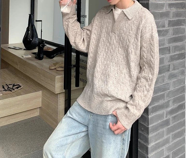 Threebooy Korean style spring and autumn men and women trendy street collar pullover sweater for couples loose retro street casual simple