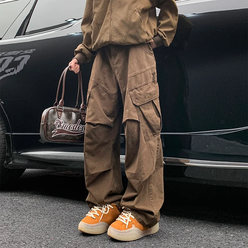 Threebooy Autumn Big Pocket Men's Cargo Pants Japanese Y2k Harajuku Loose Straight Wide Leg Trousers Baggy Pants Man Hip Hop Sweatpants
