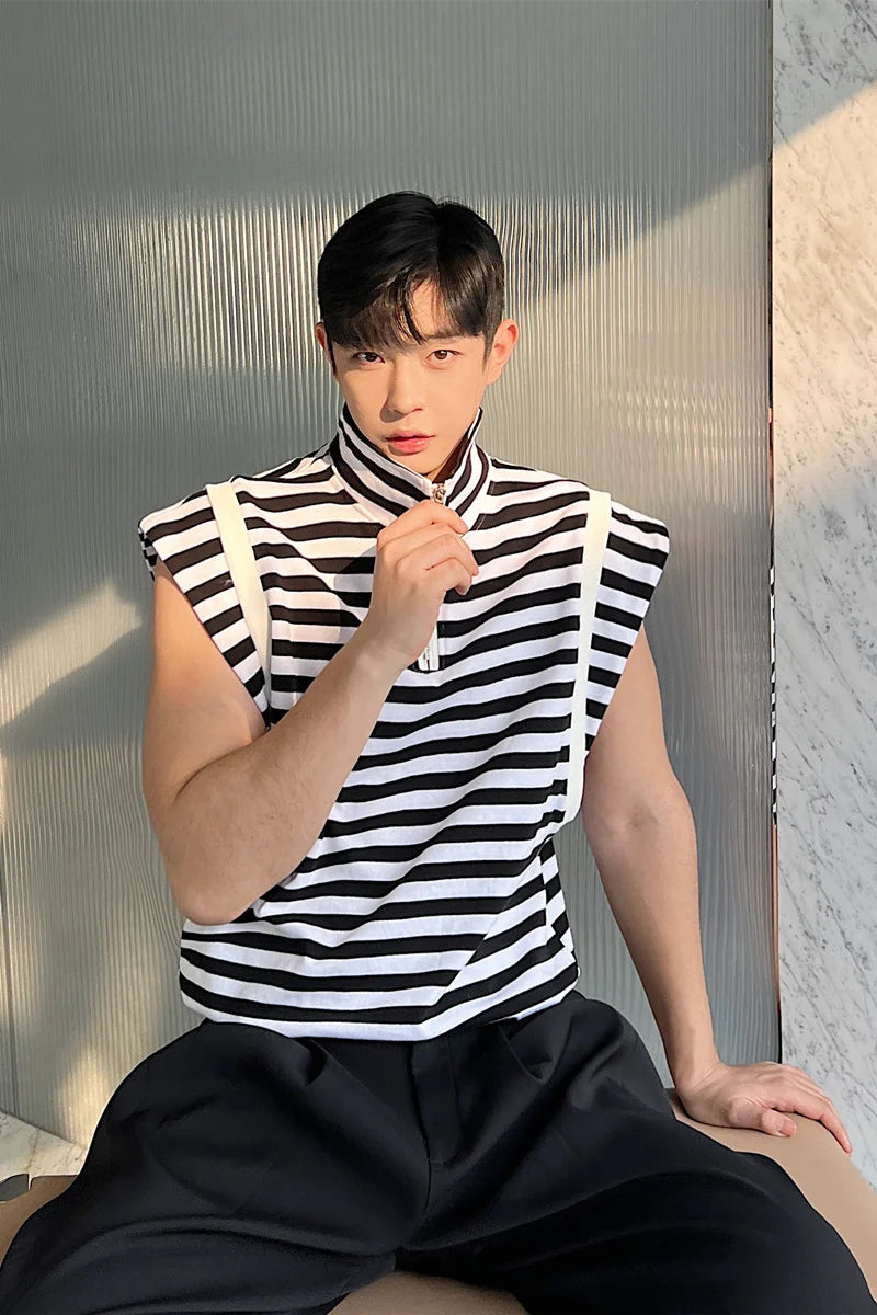 Threebooy Fashion Korean Summer Casual Men's Turtleneck Striped Vest New Loose Top Personality Half Zipper Sleeveless T-shirt Trend