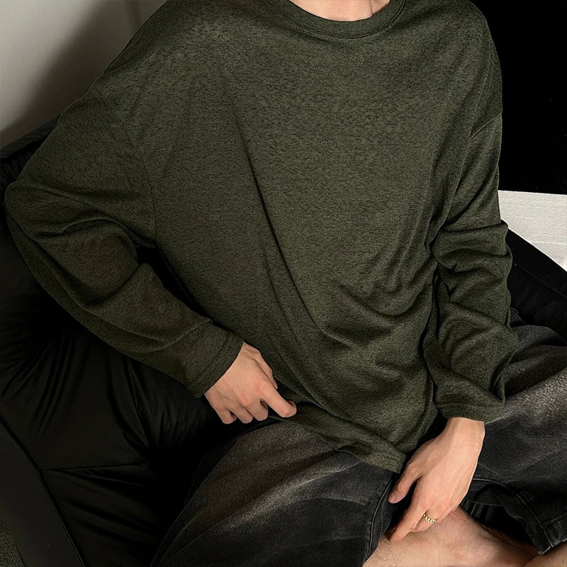 Threebooy  Autumn Laid-back Style Draping Men's T-shirt Luxury Korean Popular O Neck Long Sleeve Tees Leisure Loose Lightweight Basic Shirt