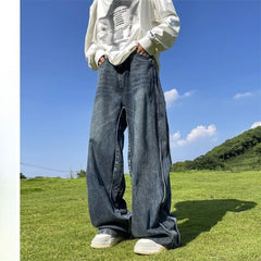 Threebooy American High Street Jeans Men's Striped Patchwork Denim Pants Summer Loose Straight High-end Retro Versatile Wide-leg Trousers