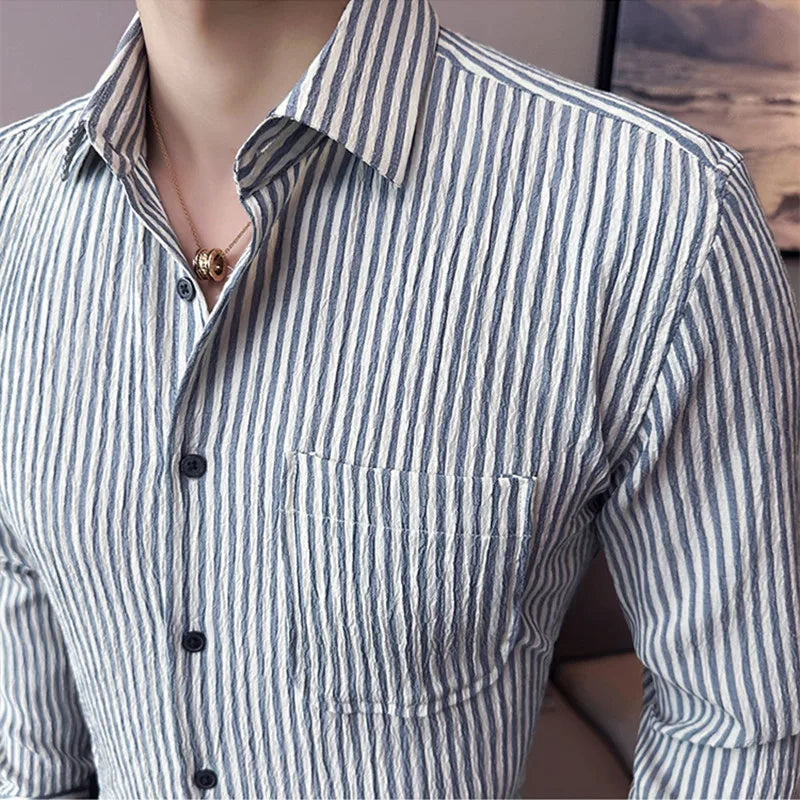 Threebooy Fashion Stripe Casual Men Long Sleeve Button Shirt Stitching Pocket Design Fabric Soft Comfortable for Men  Slim Fit Dress Shirt