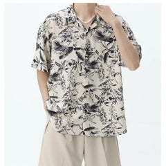 Threebooy  Fashionable Temperament Ink Printing Shirt Men's Summer Loose Short-sleeved Retro Hong Kong Style Floral Design Top