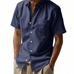 Threebooy Summer Solid Cotton Linen Lapel Short Sleeved Shirt For Men Casual Pocket American Style Shirts And Blouses
