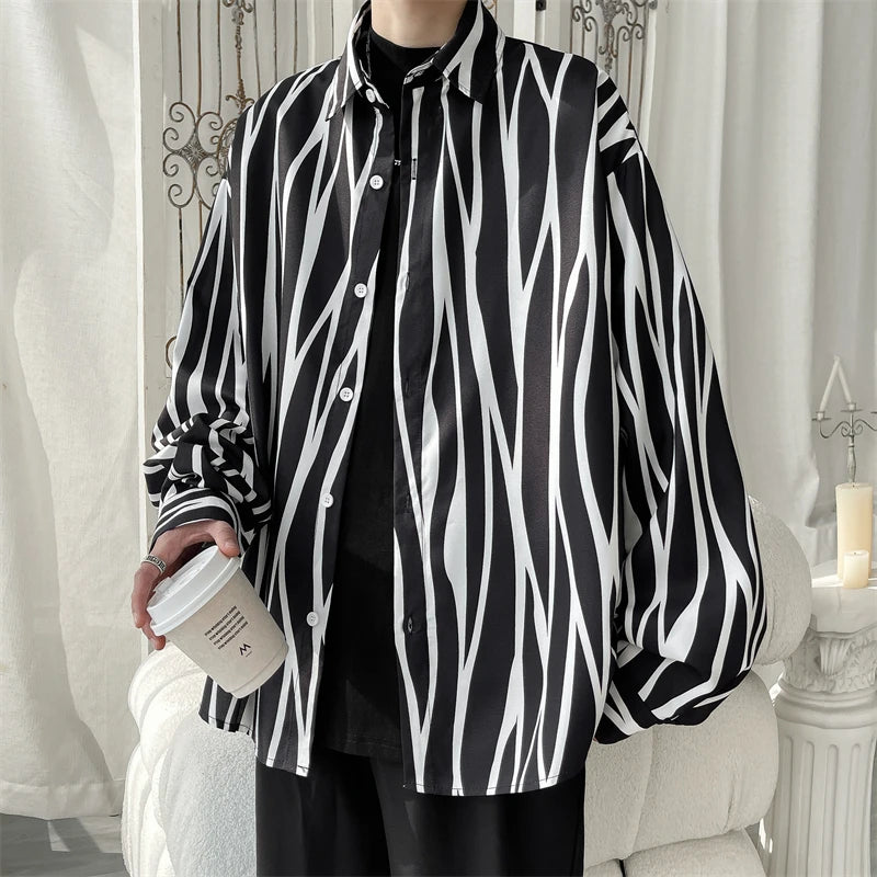 Threebooy Men's Long Sleeve Striped Shirts Spring New Korean Button Up Shirt Unisex Fashion Casual Oversize Blouse Printed Clothing