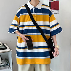 Threebooy Summer Men's Stripe Printing Short Sleeve T-shirt Lapel Collar Cotton Clothes Tshirts Blue/Apricot/yellow Cotton Polo T Shirts