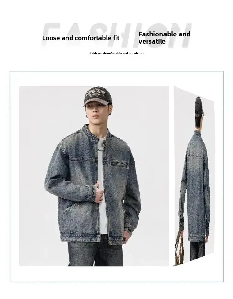 Threebooy Vintage Denim Jacket Men's Loose-Fit High-End Feel American Style Distressed Washing For Autumn Trendy Workwear
