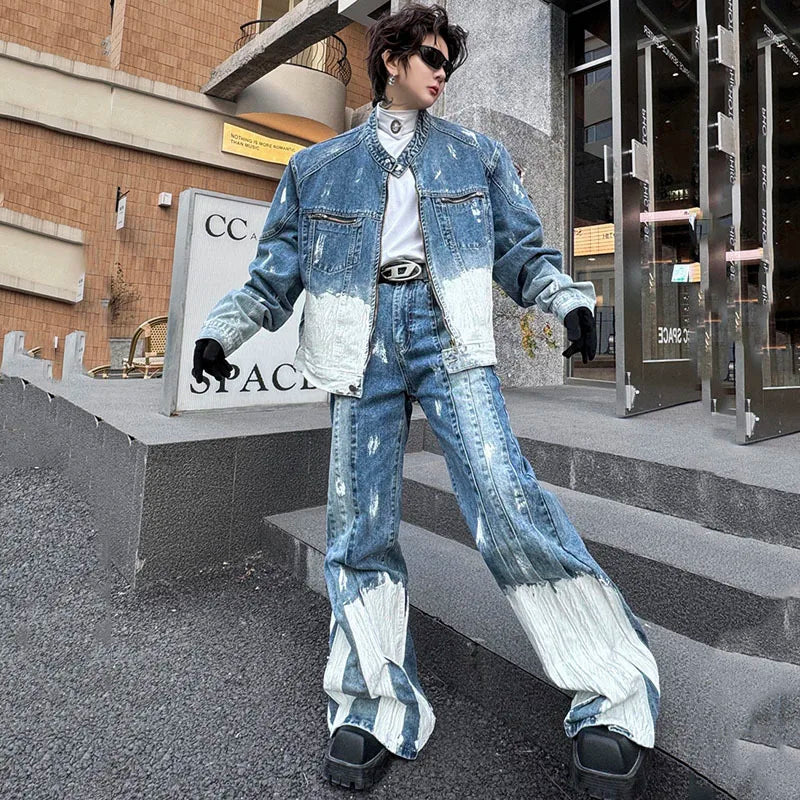 Threebooy Men's New 2-Piece Bleached Faded Denim Set