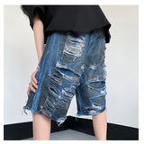 Threebooy Casual Streetwear HIP HOP Tie Dye Fashion Brand Broken Hole Denim Shorts Men's Summer High Street Trousers Straight Tube Ragged Edge Shorts