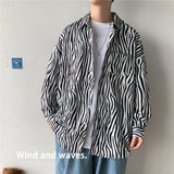 Threebooy Men's Classic Black and White Striped Shirt Japanese Loose Casual Large Size Couple's Model Lapel Tops Street Trendy Clothing