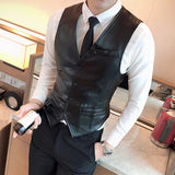 Threebooy Leather Vest Men New Fashion Casual High Quality Solid Color Single Breasted Slim Large Size Business Vest Waistcoat S-5XL