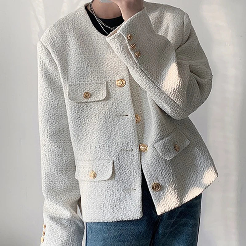 Threebooy Korean Style Fashionable Tweed Round Neck Jacket Men Japanese Trendy High-end Single-breasted Short Jacket with Temperament