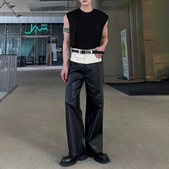 Threebooy Mens Genderless Biker Black White Spliced Leather Pants Sexy Nightclub Contrast Color High Waisted Straight Leg Leather Pants