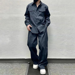 Threebooy Mens Casual Shirt Wide-Leg Pants Suit 2024 New Genderless Fashion Trend Vacation Solid Color Loose Simple Two-Piece Set Unisex