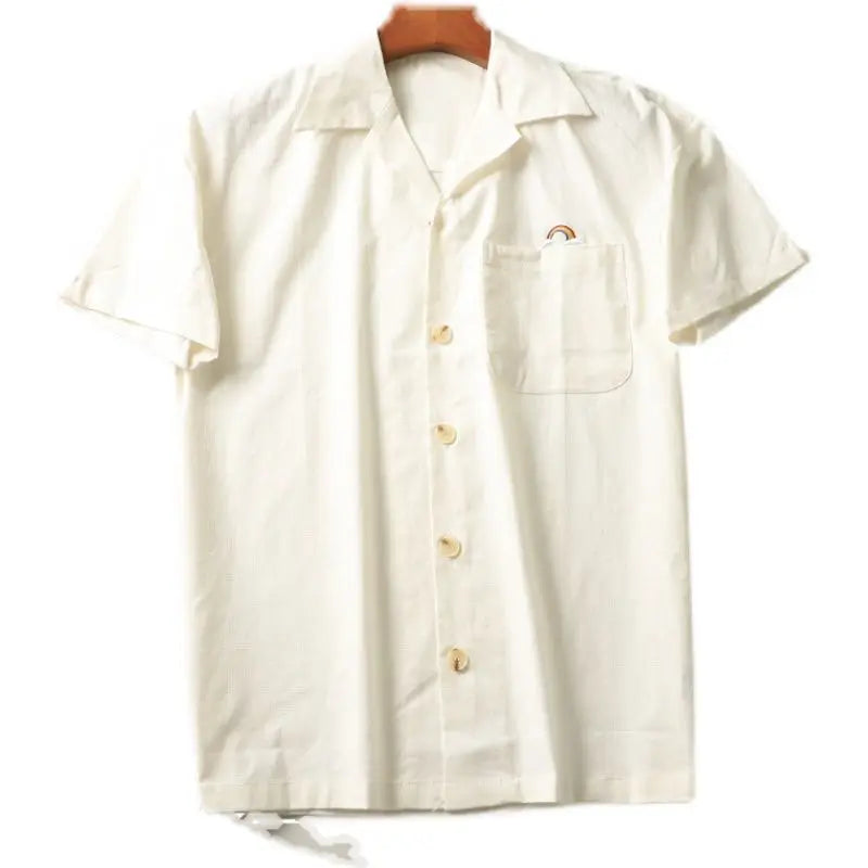 Threebooy  Japanese Linen Tops Summer Korean Style Men's Embroidered Loose Casual Cuban Collar Short-sleeved Shirt Aesthetic Academy Chic