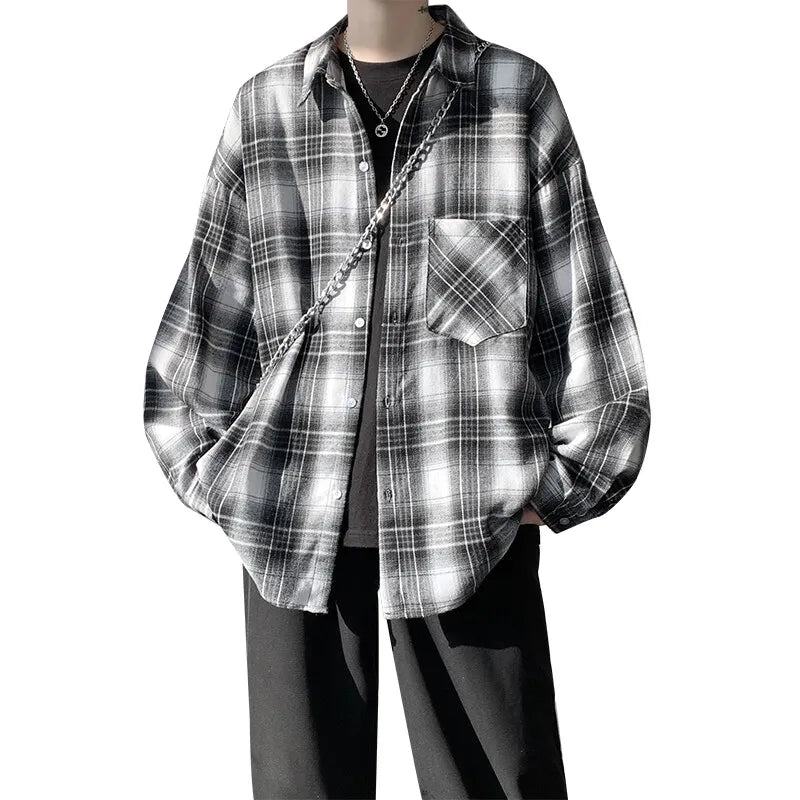 Threebooy Harajuku Long Sleeve Plaid Shirts Men Big Size M-5XL Autumn Chic Loose Vintage High Street All-match Gentleman Camisa