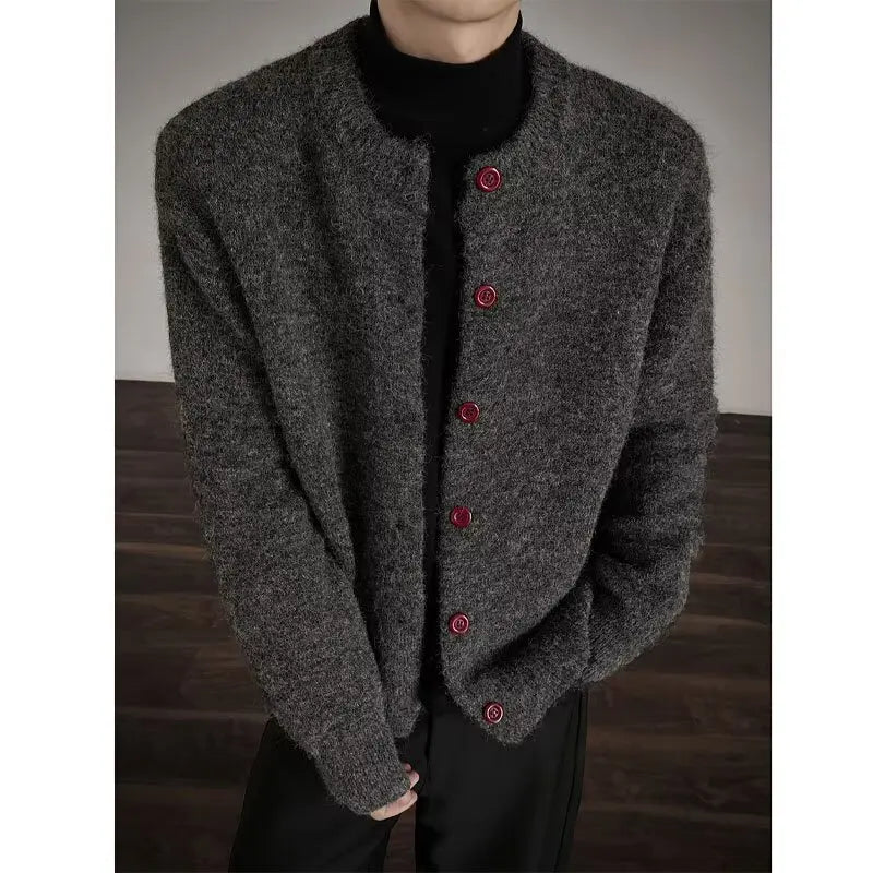 Collarless knitted sweater jacket Men Classic autumn winter casual sweater warm loose  Street Knitwear