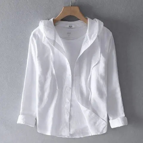 Threebooy  Spring Summer New Hooded Long-sleeved Solid Color Linen Shirt Trendy Men's Thin Loose Youth Fashion Linen Sunscreen Shirt