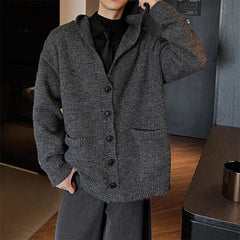 Threebooy Winter Men's Hooded Cardigan Japanese Retro Loose Button-down Knitted Sweater Coats Premium Quality Long Sleeve Pocket Hoodies