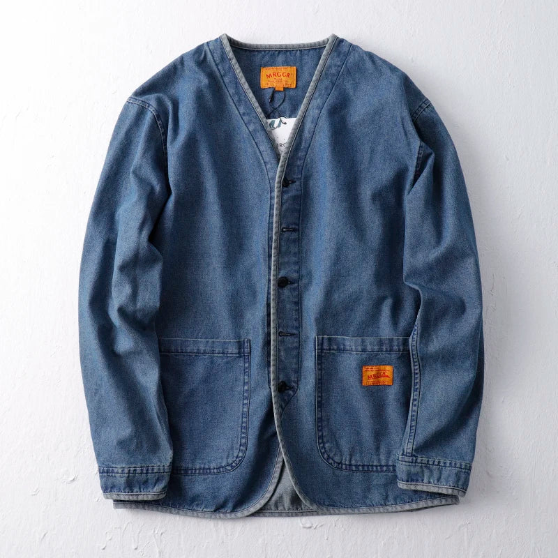 Threebooy  Hip Hop Men's Washed Workwear Denim Jacket Spring Autumn Collarless Taoist Robe V-neck Jackets And Coats Streetwear