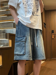 Threebooy  Summer Men's Cargo Denim Shorts Baggy Straight Fashion Casual Wide Leg Short Pants Big Pocket Beach Vacation Short Jeans Male