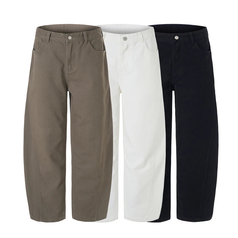 Threebooy 100% Pure Cotton Wide-leg Pants Men's Autumn New Oversized Comfortable Loose Casual Trousers Brown White Fashion Streetwear
