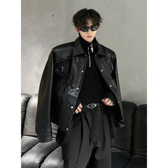 Threebooy American Retro Shoulder Pad Short Leather Jacket Men's Spring Deconstruction High-end Fashion Trend Vintage Motorcycle Jacket