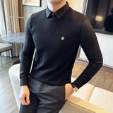 Threebooy Fake  2 Pieces Shirt Neck Knit Sweaters/Male Slim Fit Fashion Long-sleeved Pullover/Male High Quality Stripe Casual Sweater 4XL