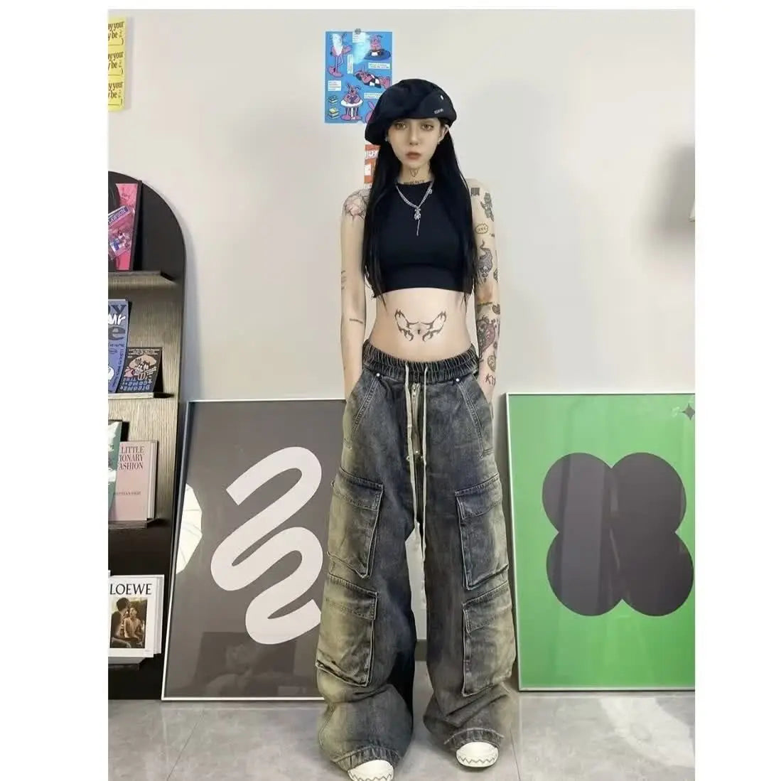 Threebooy Street men and women trendy and personalized hip-hop straight leg washed gradient jeans for couples loose casual Harajuku pants