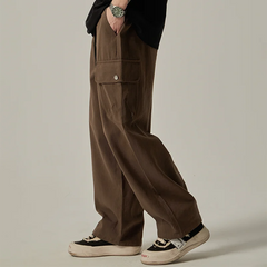 Threebooy Men's Sweatpants 2025 Spring Autumn Vintage Japanese Wide Leg Straight Loose Button Big Pockets Cargo Pants Drawstring Trousers