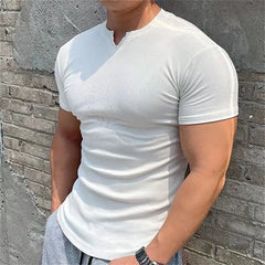 Threebooy  Sports Short-sleeved Men's Texture Solid Color Striped Slim Tights Elastic Quick-drying Running Fitness T-shirt Base