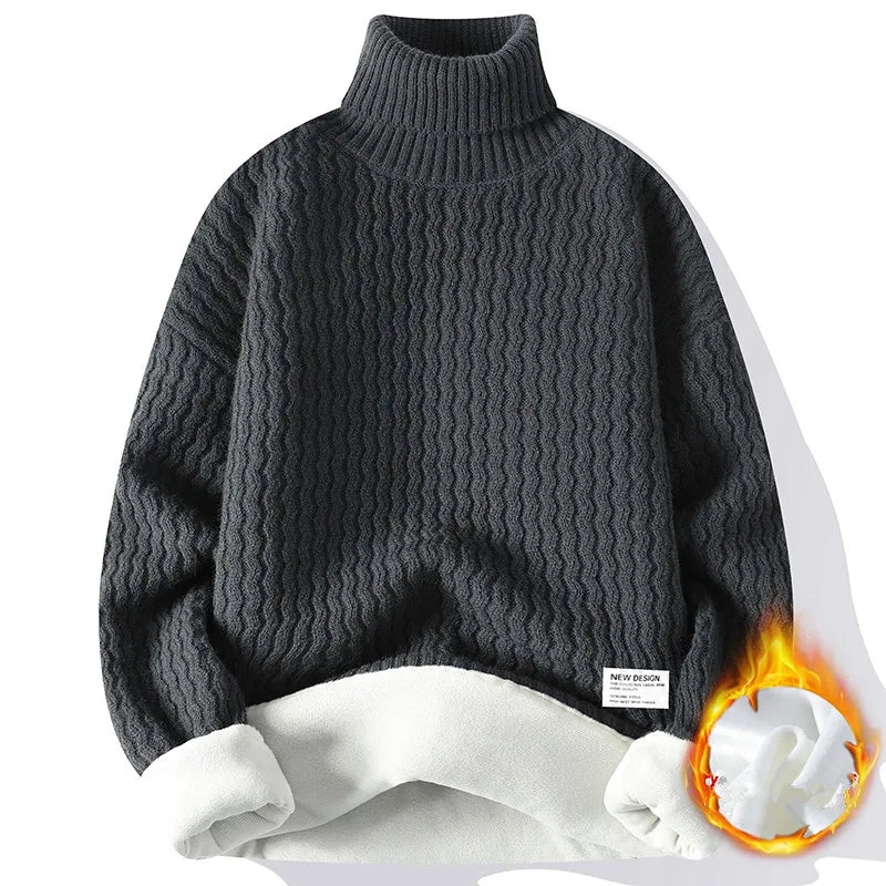Threebooy New Winter Fleece Turtleneck Sweater Men Warm Knit Pullovers Mens Casual Knitted Sweaters Solid Color Turtleneck Knitwear Man