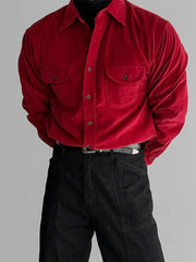 Threebooy Korean High-end Shirt Temperament Red Corduroy Long-sleeved Shirts Men Women Spring Loose Lazy Trendy Tops Aesthetic Chic Blouse